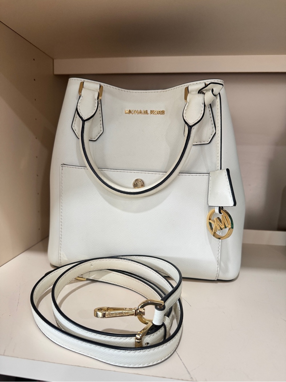 Michael Kors White Saffiano Satchel with Gold Hardware